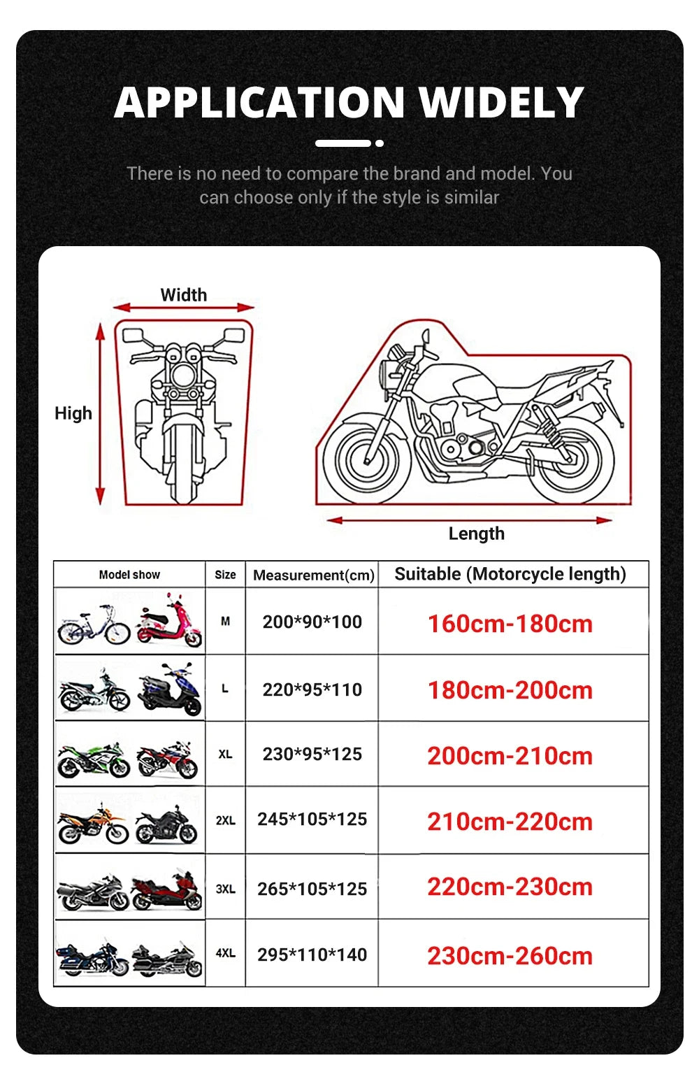 A chart showing various motorcycle covers sized for different motorcycle lengths, categorized by model size.