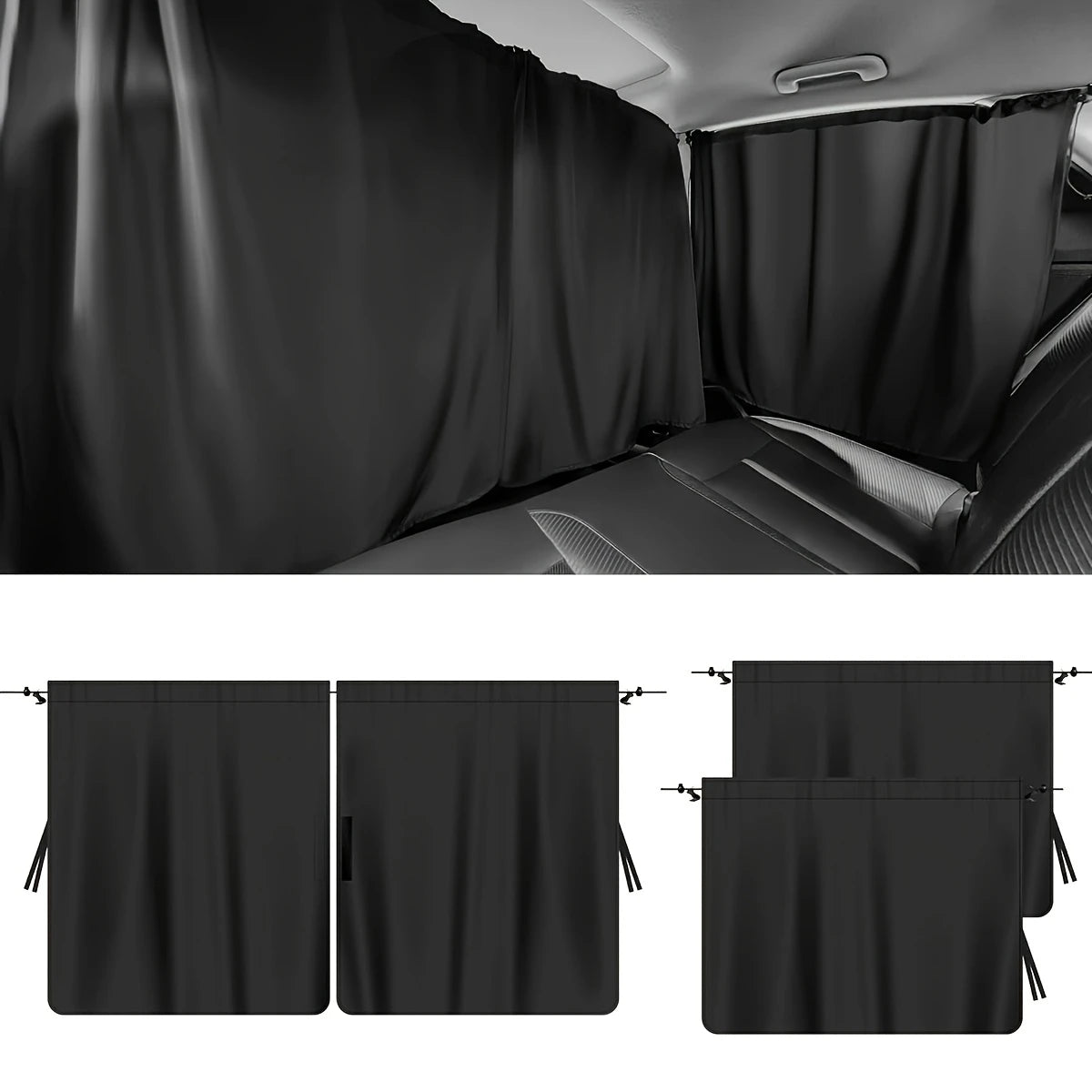 A set of four black detachable privacy curtains used as window shades for travel, naps, and camping.