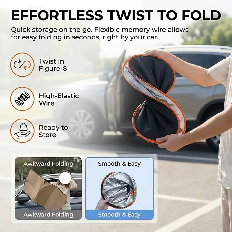 A hand is folding a black and silver flexible memory wire sun shade for easy storage in a car.