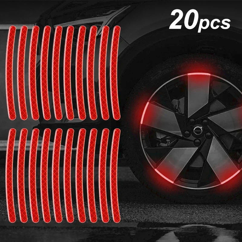 Twenty red reflective safety stickers arranged in vertical lines for wheels or helmets.