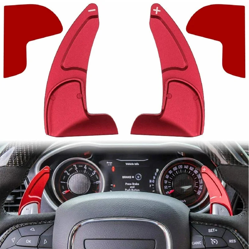 Red CNC aluminum steering wheel paddle shifter with mounting brackets shown above and in context.