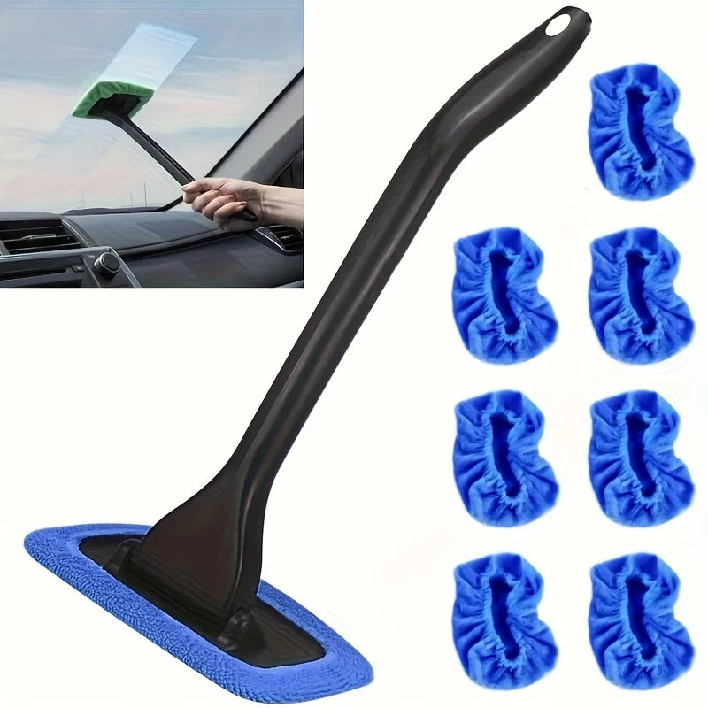 A black car windshield cleaning tool with a blue sponge head and multiple cleaning pads shown for automotive use.