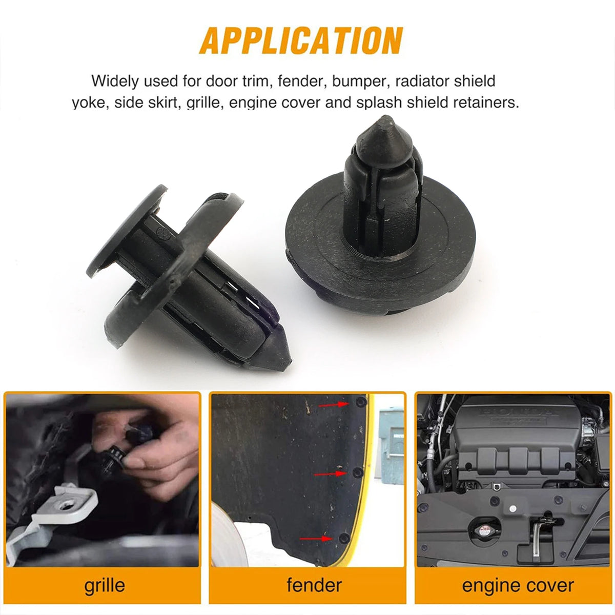 Set of black plastic bumper clips used for automotive trim like grille, fender, and engine cover.