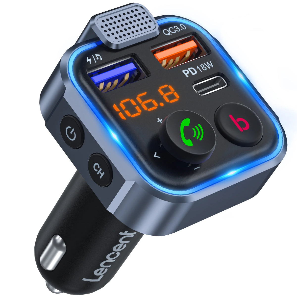 A silver and black Bluetooth car audio transmitter with a digital display showing 106.8 FM frequency.