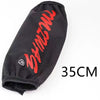 Black dust cover for a rear shock absorber with red lettering and 35cm length