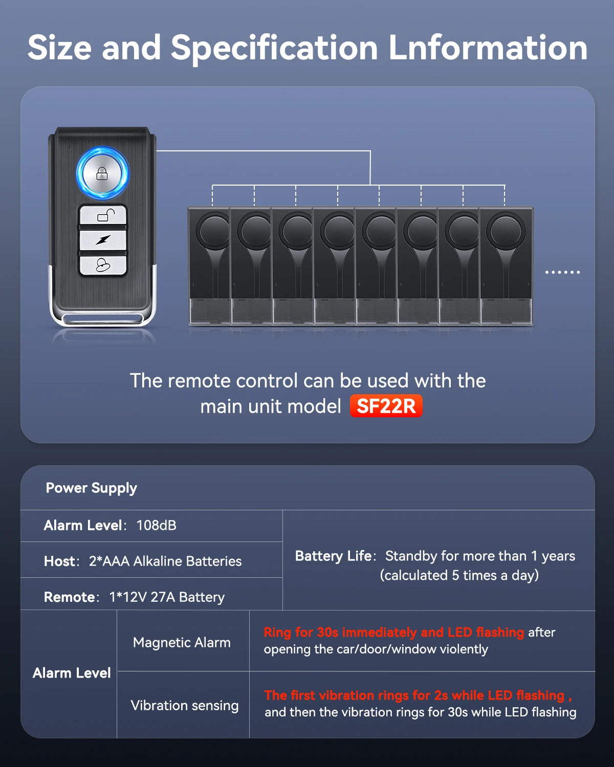 A remote control for a wireless car anti-theft vibration alarm system, showing specifications and usage details.