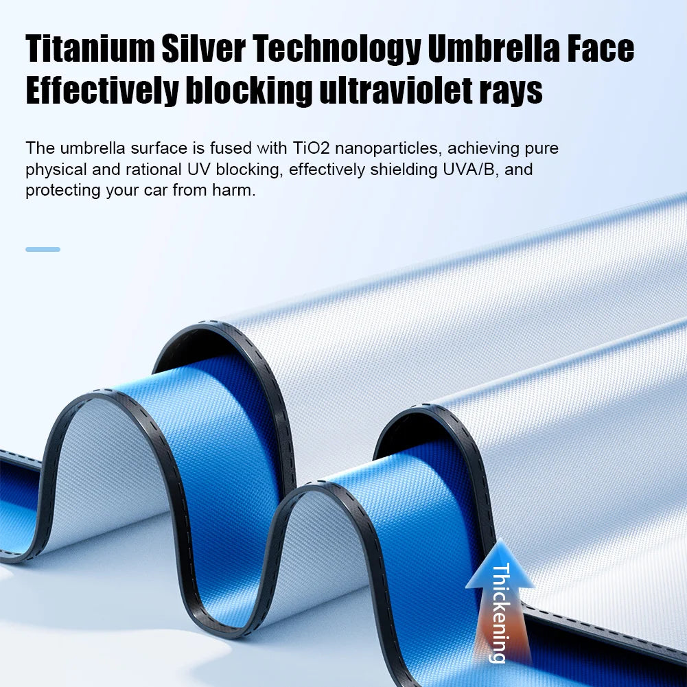 Close-up view of a titanium silver technology umbrella face showing layered fabric structure and thickness indicator.
