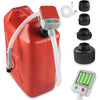 A red portable auto-stop fuel transfer pump with various nozzles and tubing components.