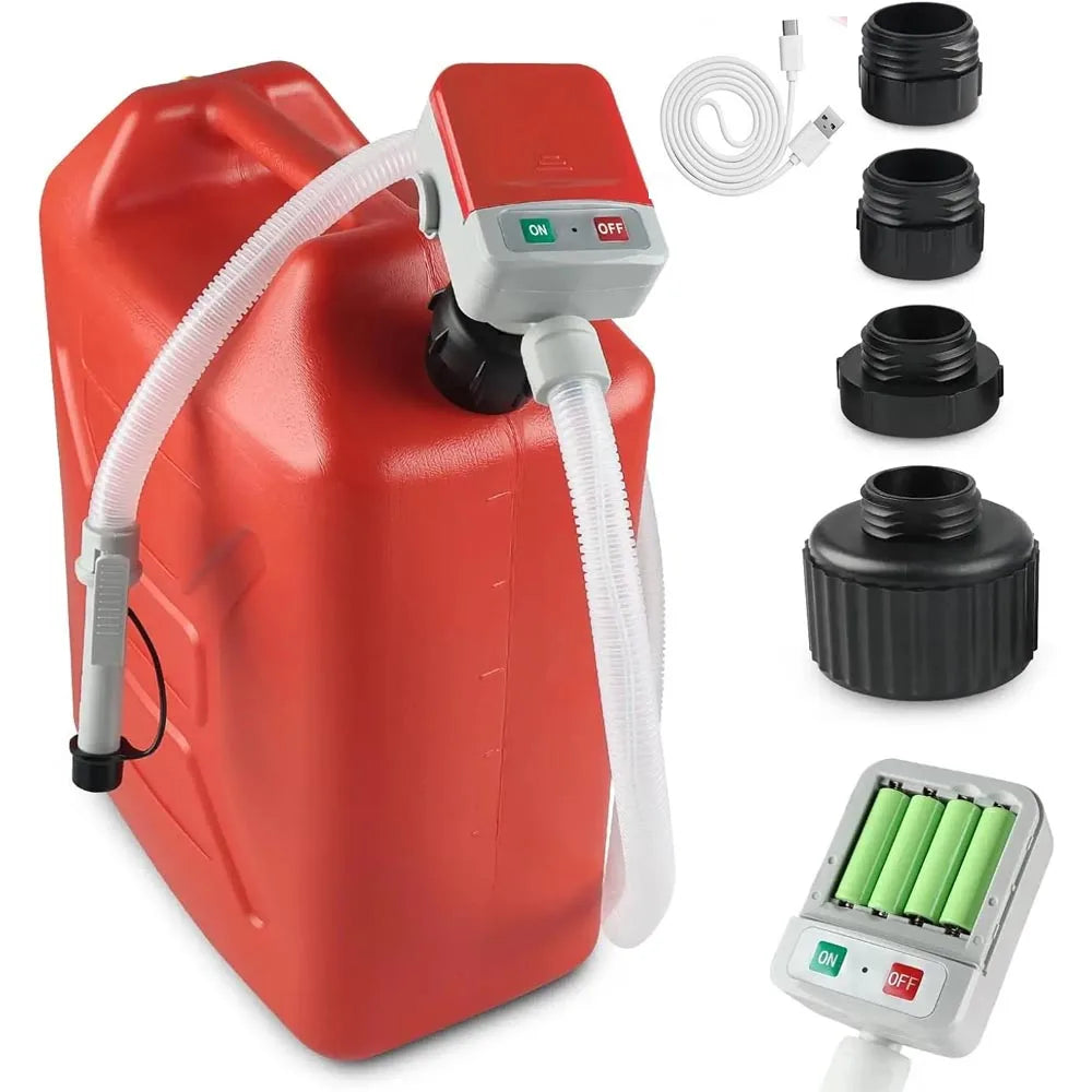 A red portable auto-stop fuel transfer pump with various nozzles and tubing components.