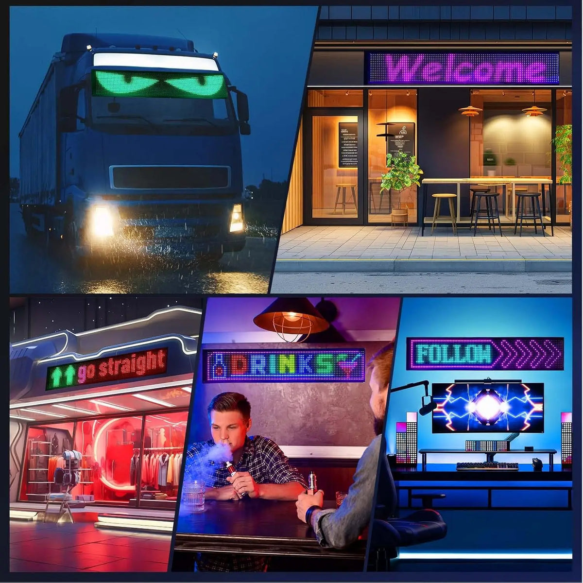 A dark truck with glowing green eyes is featured alongside interior shots of a bar and a person using an RGB LED matrix light