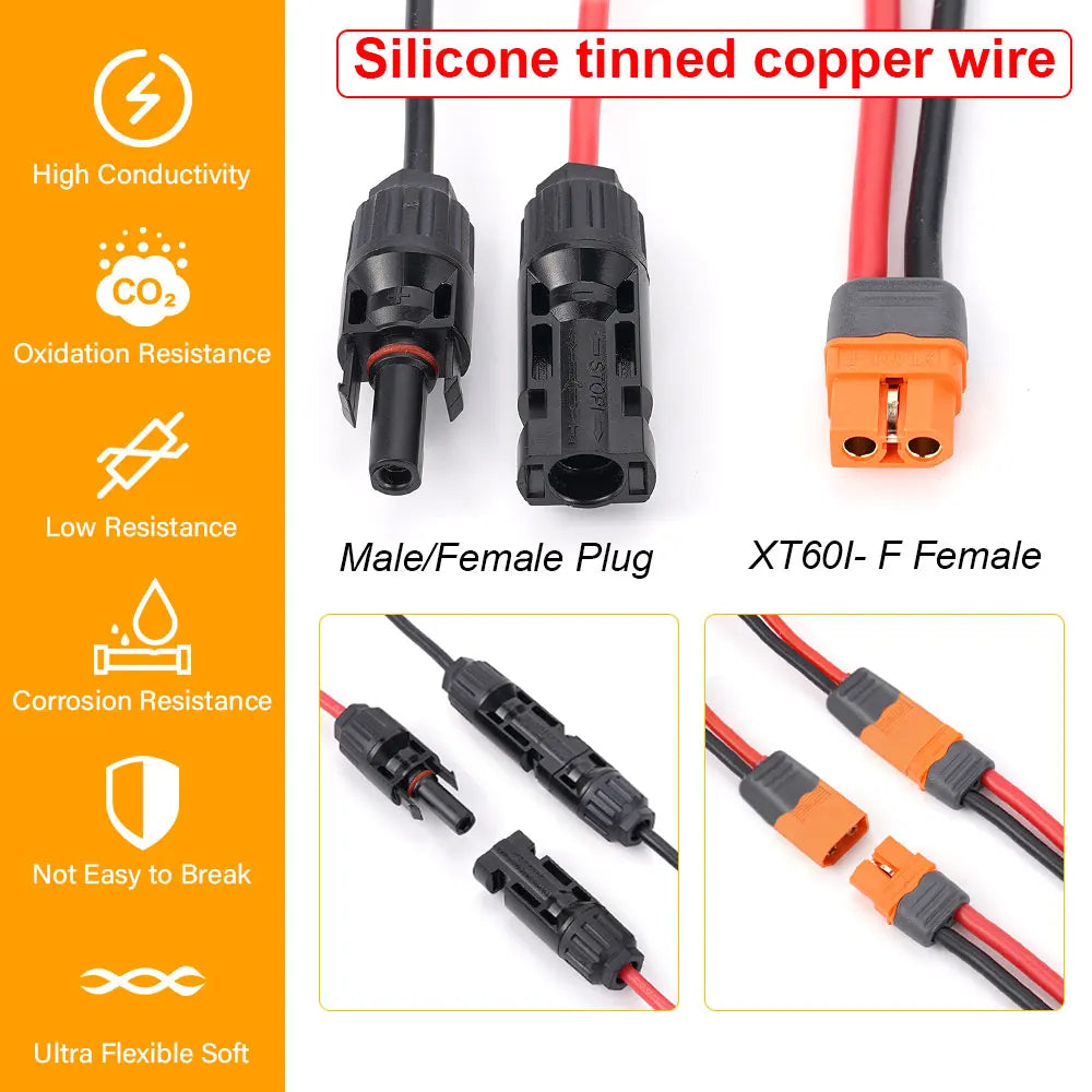 Silicone tinned copper wire male/female plug for durable solar charge cable extension