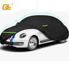 Black all-weather windproof car cover for a Volkswagen New Beetle.