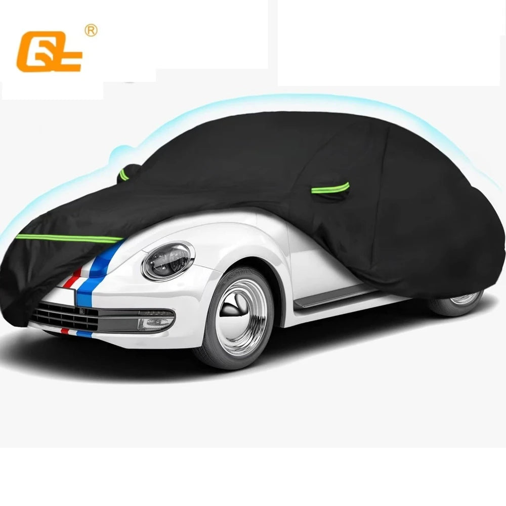 Black all-weather windproof car cover for a Volkswagen New Beetle.