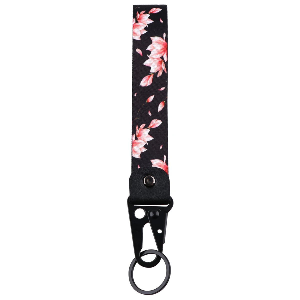 Black wrist strap lanyard featuring a pattern of pink cherry blossoms