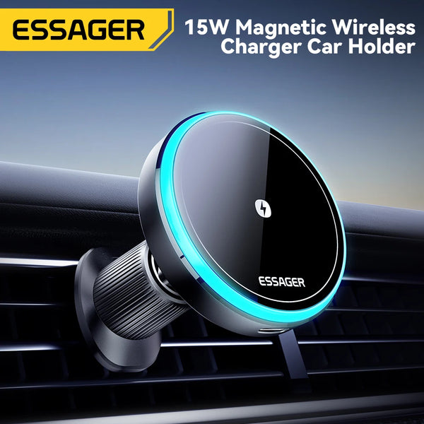 A black magnetic wireless charger car holder is shown mounted on a car grille.