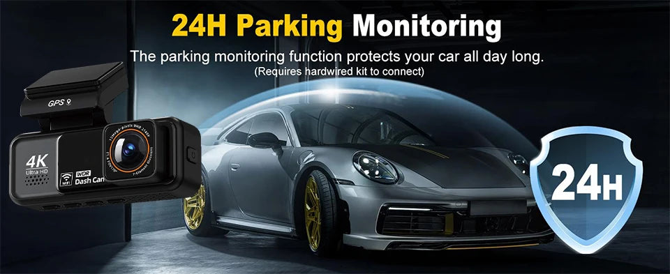 A 4K dual-camera dash cam with GPS and WiFi monitoring system is shown mounted on a car, emphasizing 24-hour parking protecti