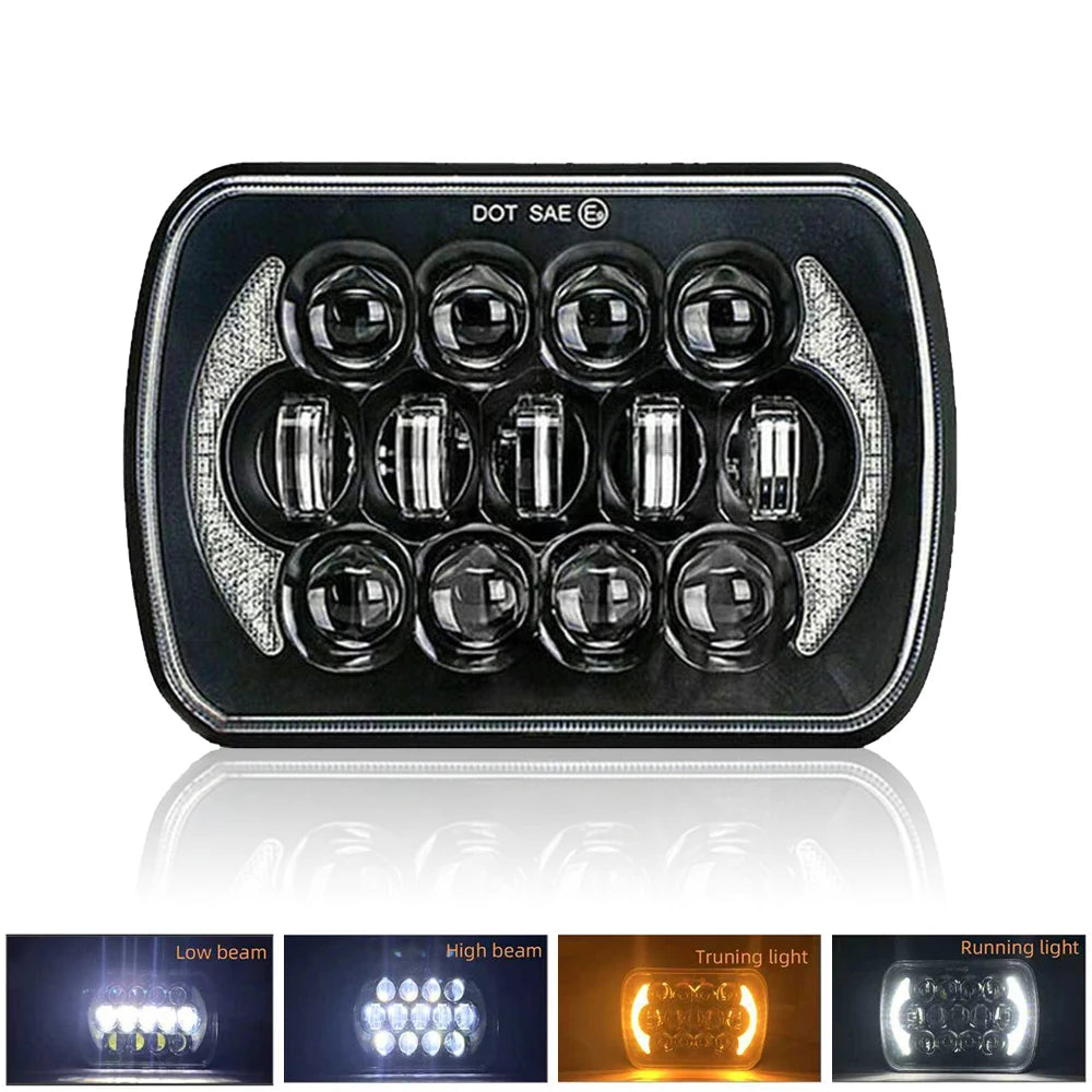 A set of four square LED headlights with integrated turn signals shown in various beam modes.