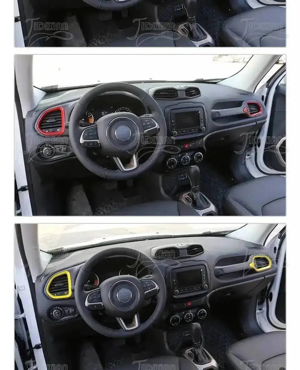 Interior view of a Jeep Renegade dashboard showing air vent covers and steering wheel.
