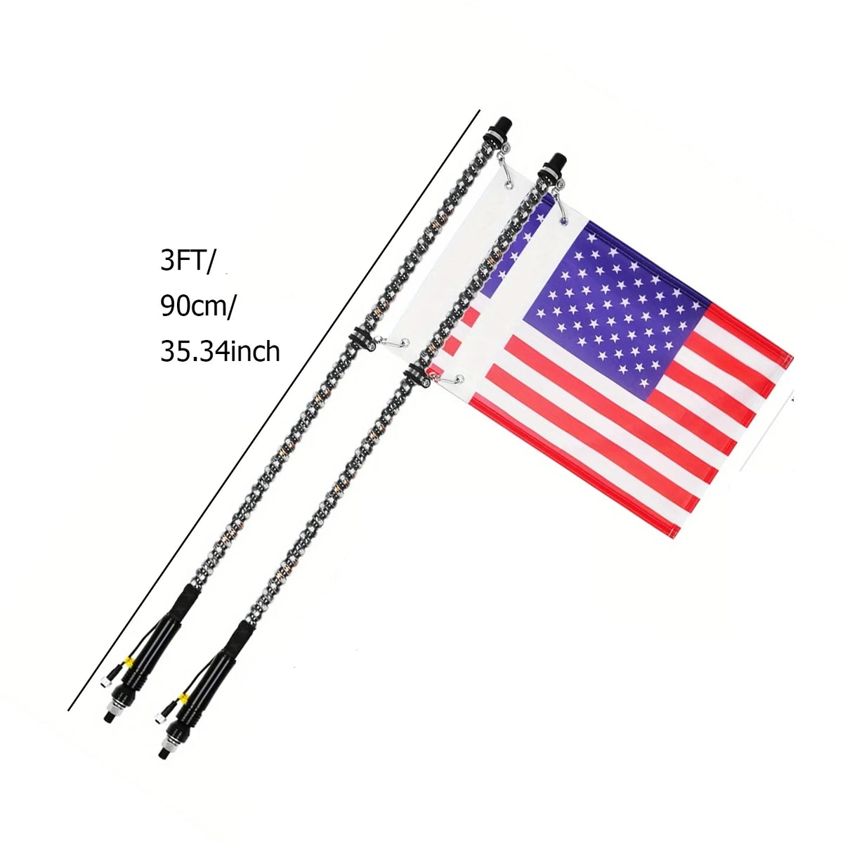A long, flexible RGB chasing light whip with a flag attached for off-road vehicles.