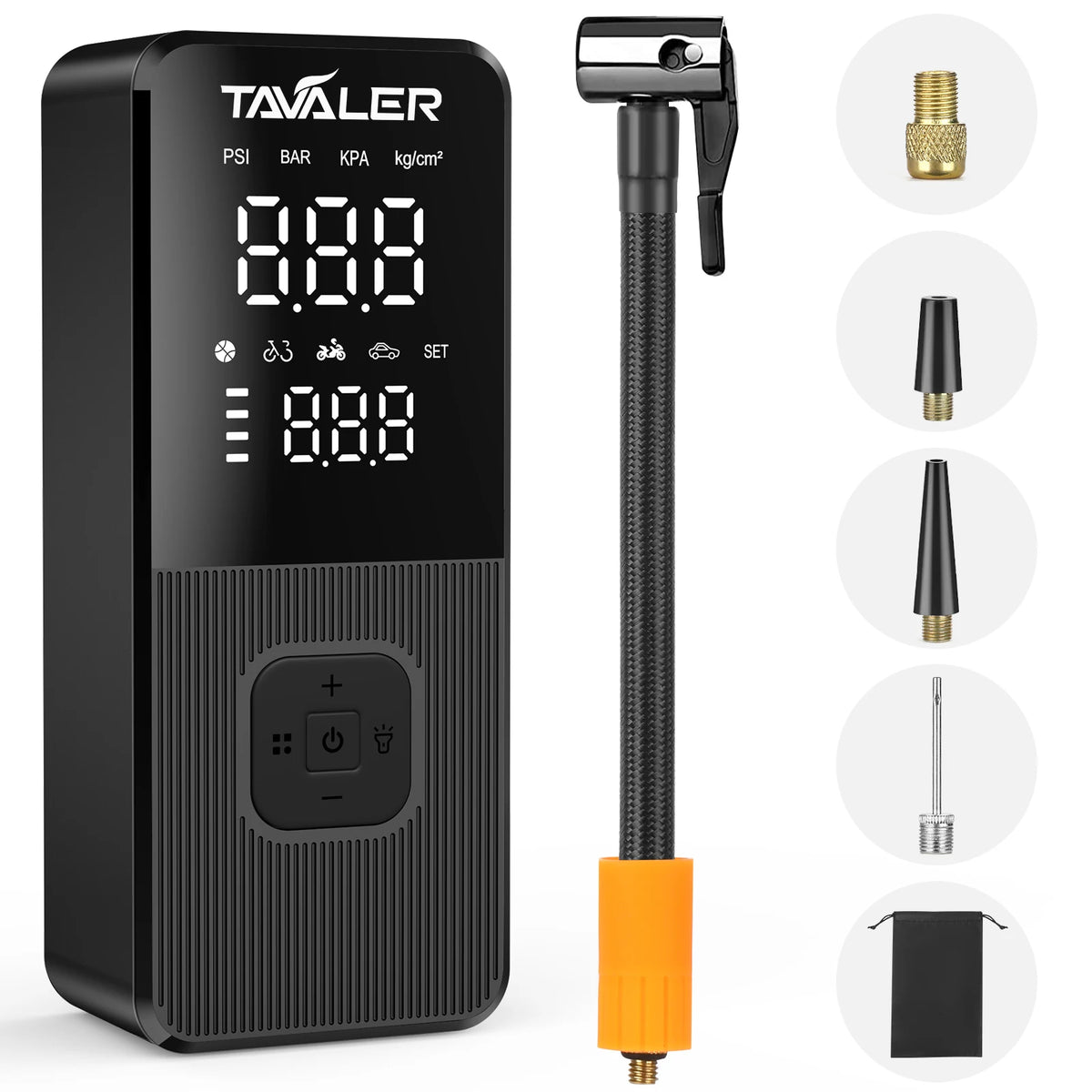A black portable digital air compressor with a vertical pump and various accessories shown on the right.