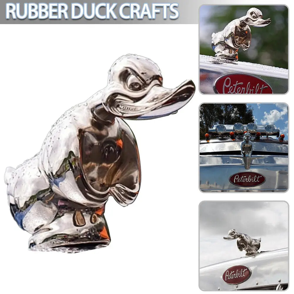A silver decorative rubber duck hood ornament for a car or motorcycle.