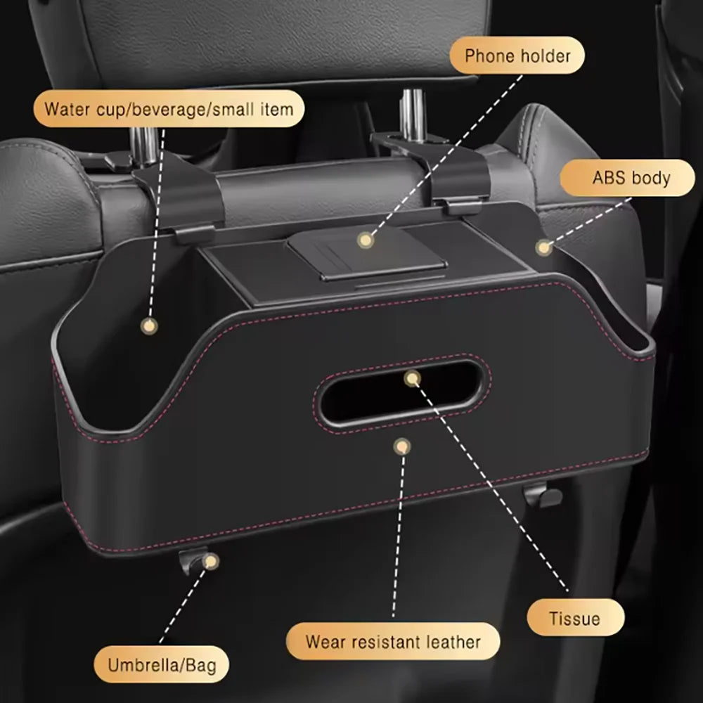 Organisateur de voiture multifonction noir avec porte-gobelet, support de téléphone et compartiment de rangement pour boisson