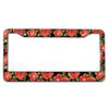 A rectangular aluminum license plate frame decorated with a floral pattern of red roses.