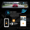 A 10-inch 4K smart rearview mirror dash cam system showing a car driving on a road and an accompanying mobile app interface.
