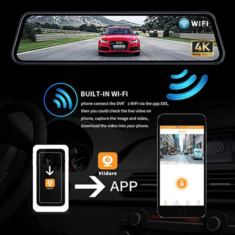 A 10-inch 4K smart rearview mirror dash cam system showing a car driving on a road and an accompanying mobile app interface.