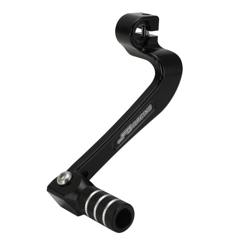 Black CNC foldable aluminum gear shift lever for Honda CRF110F and Yamaha TTR110E motorcycles.