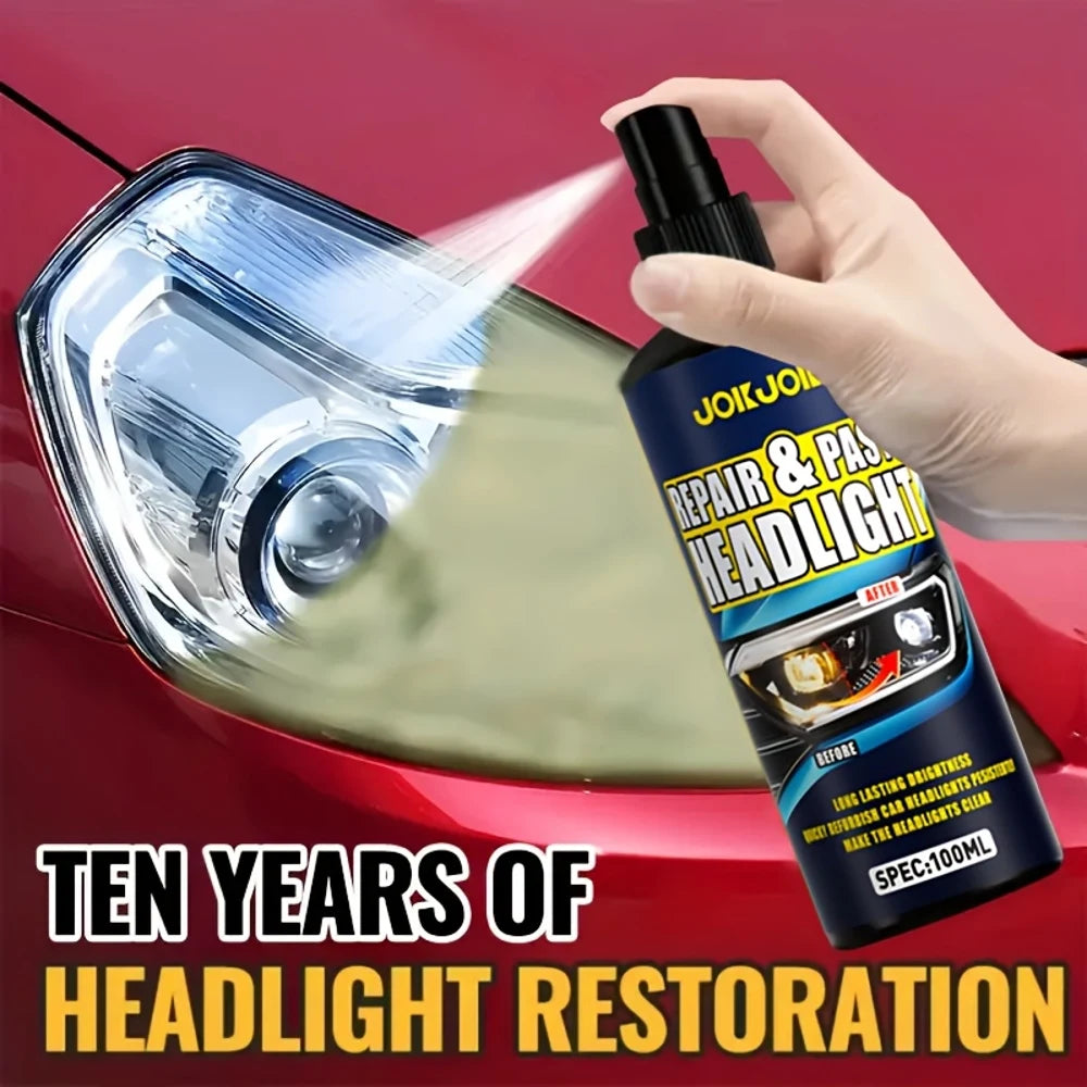 A hand sprays a car headlight with a product, demonstrating ten years of headlight restoration.