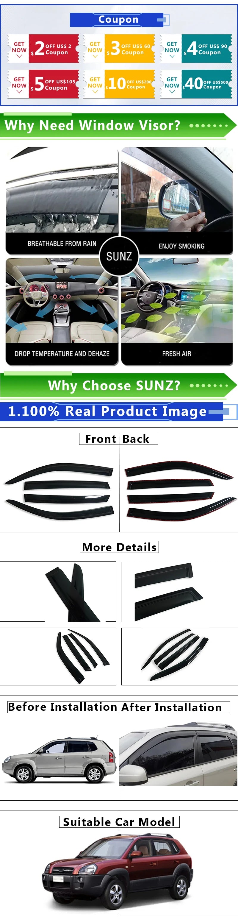 Black side window deflector installed on a Hyundai Tucson vehicle.