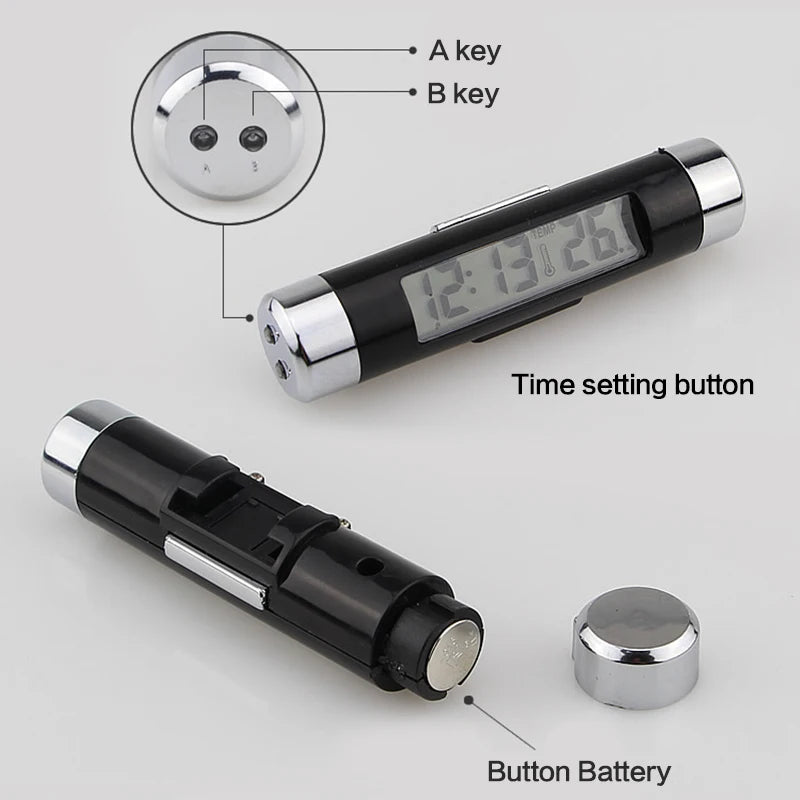 A digital clock and thermometer device showing keys, a time setting button, and a button battery.