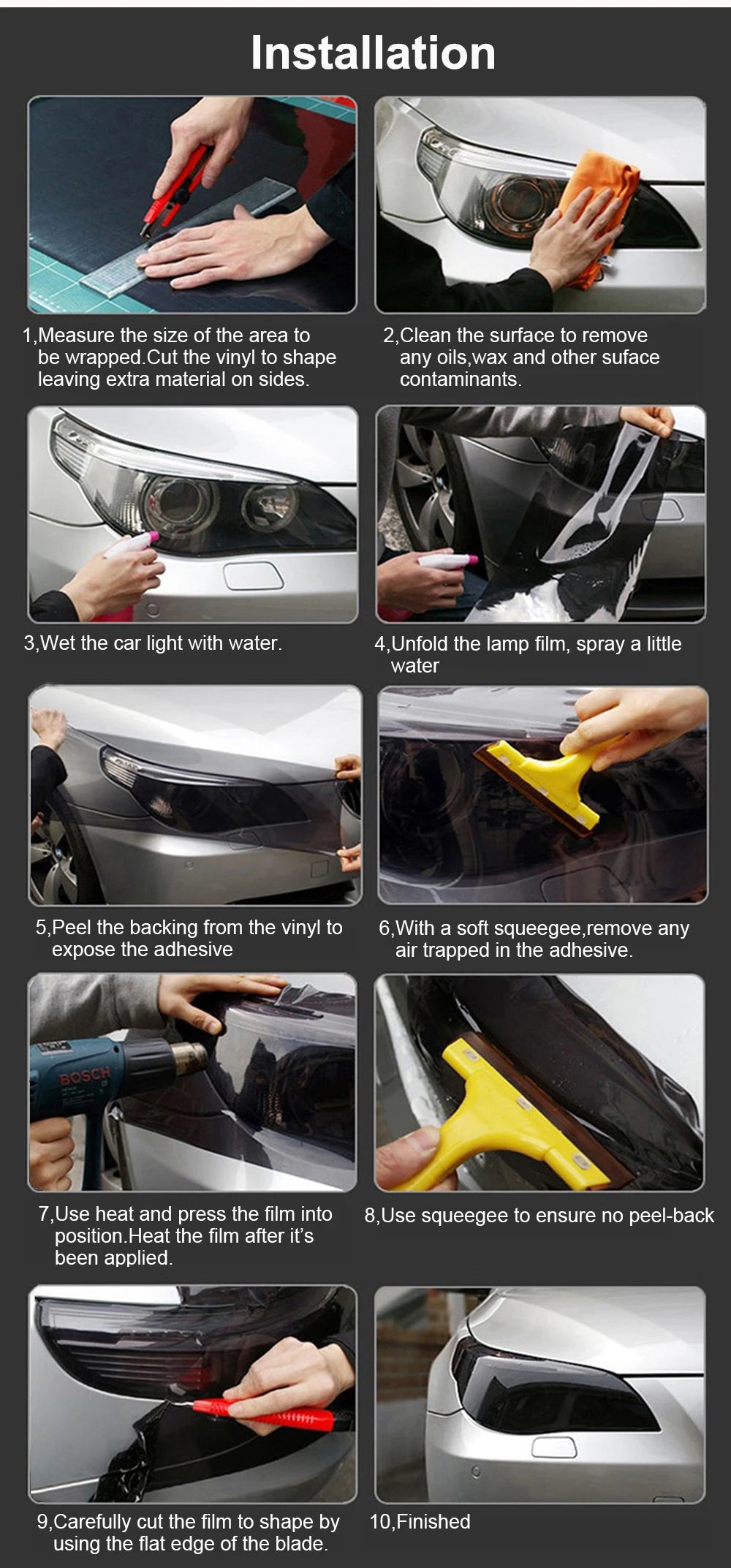 Step-by-step instructions showing how to install a Matt Smoke Tint vinyl decal on a car light.