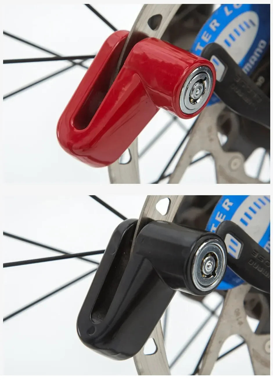 A close-up view of a red and black heavy duty motorcycle wheel disc brake lock mechanism.