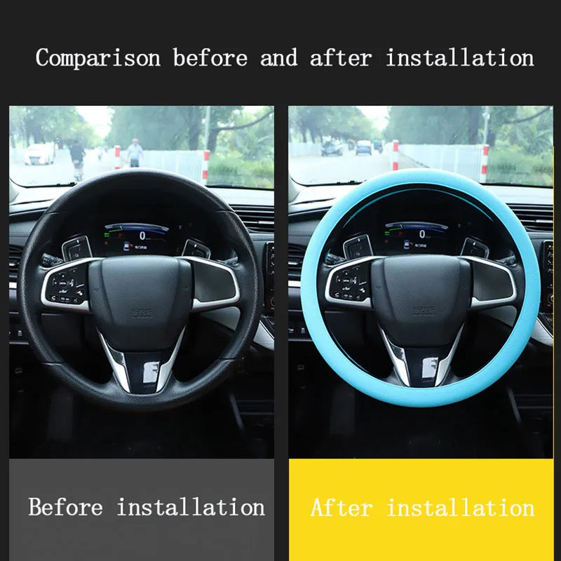 Comparison of a black steering wheel before and after installation with a light blue silicone cover.