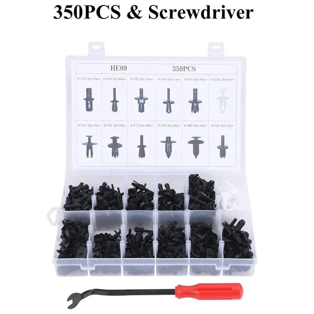 A plastic storage box containing 350 screws and a screwdriver, with various auto fastener clips for body trim visible.