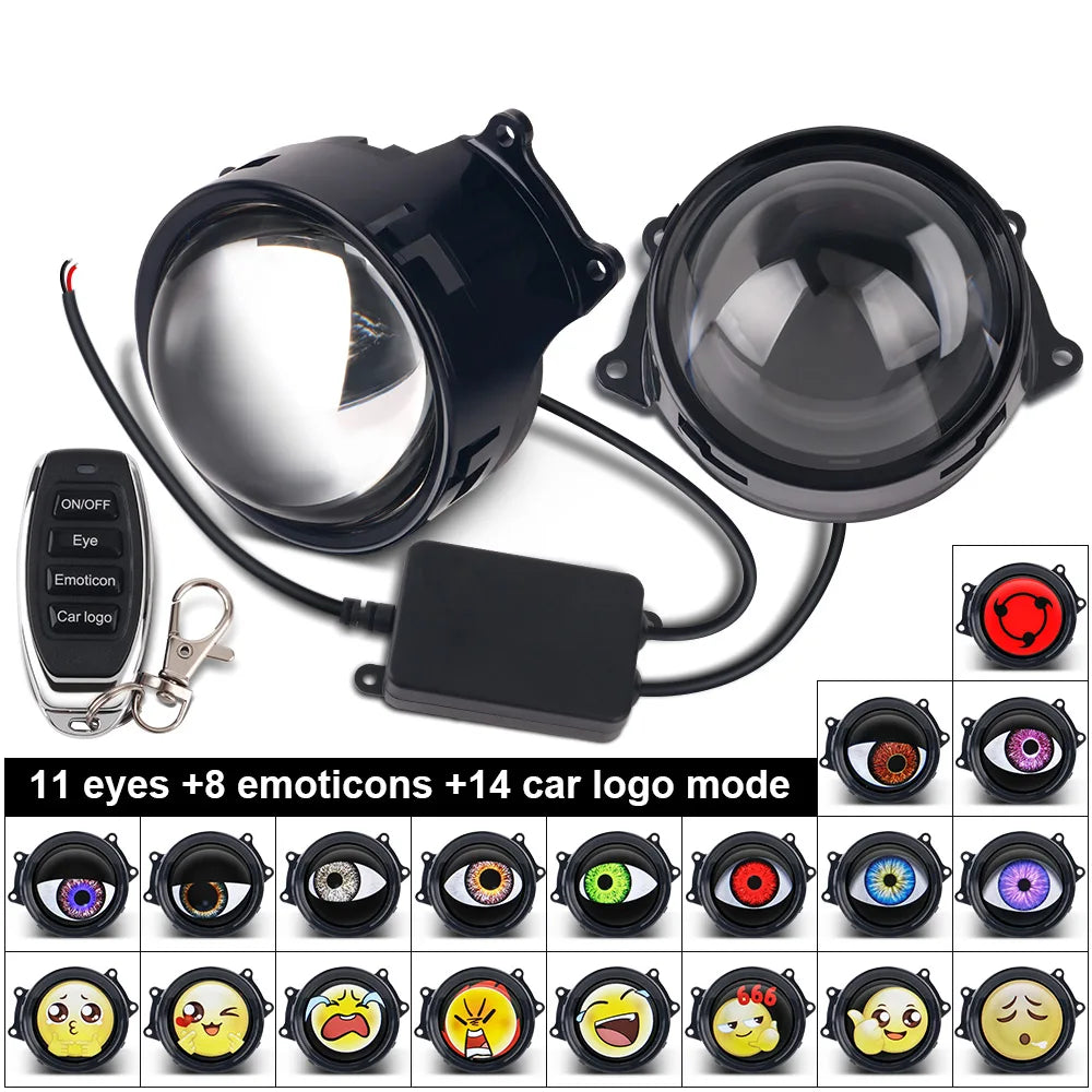 A black LED halo ring with multiple dynamic lighting modes and a remote control for automotive use.