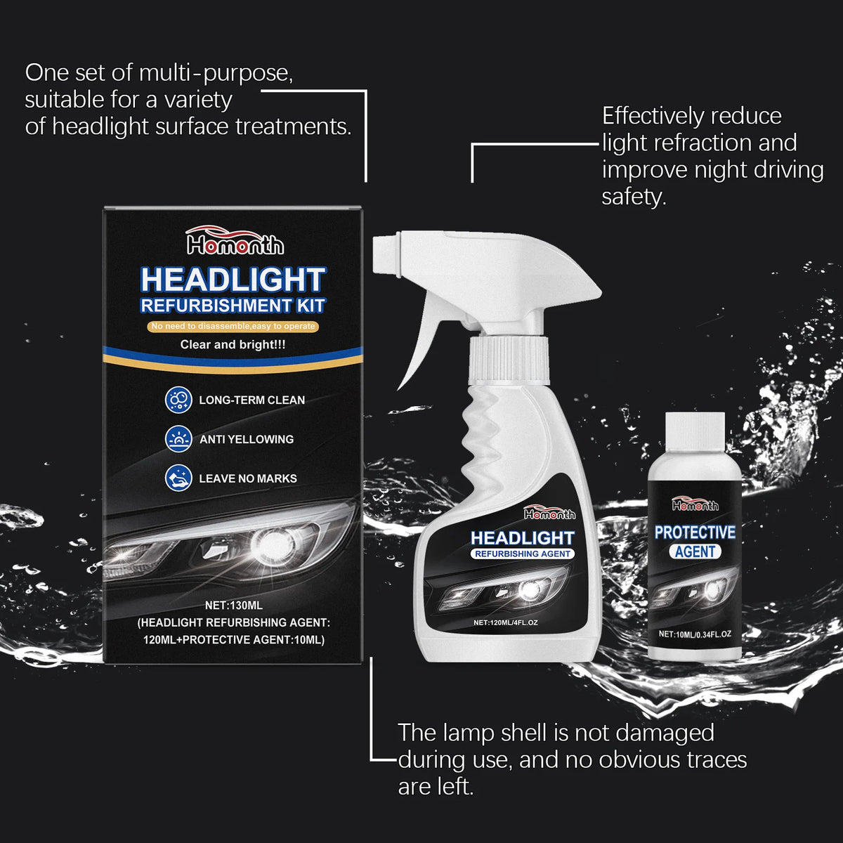 A set of headlight refurbishment kits and a protective agent bottle shown with a car headlight for restoration.