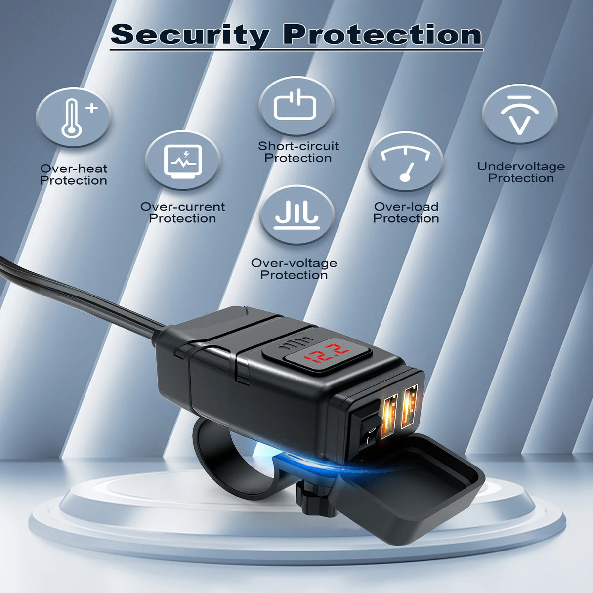 محول شاحن USB دراجة نارية أسود مع ميزات حماية متنوعة موضحة حوله.