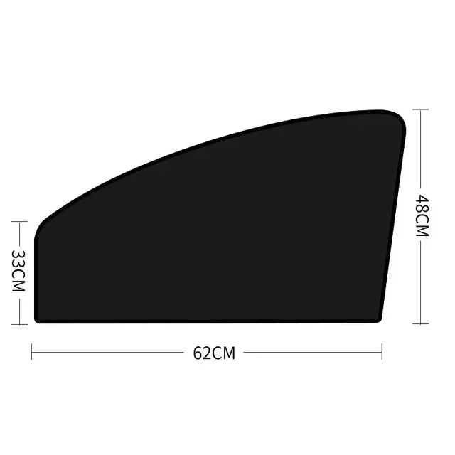 Black magnetic car window sunshade with dimensions 48cm high and 62cm wide