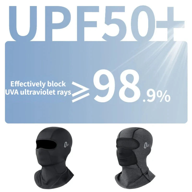 A black multi-functional balaclava is shown in two views, highlighting its UV protection features.
