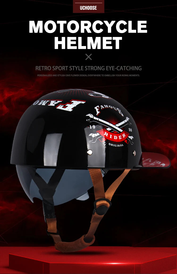 A black motorcycle helmet with a red and white graphic design featuring the word RIDER and vintage style details.