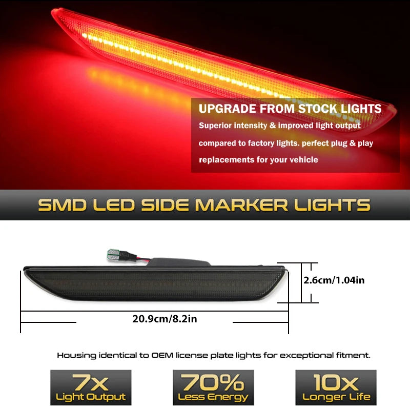 Rote SMD LED Seitenmarkierungsleuchten für Fahrzeuge, die Upgrade-Vorteile und Abmessungen zeigen.