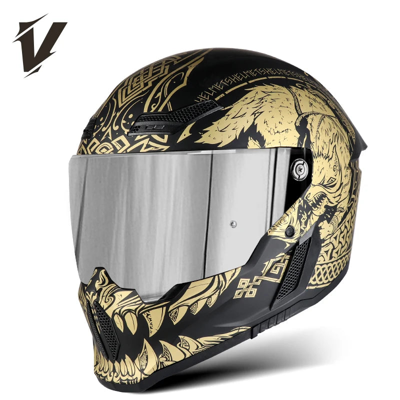 Casco de motocicleta completo negro y dorado aprobado por DOT con visor reflectante.