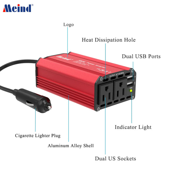 A red power inverter device with a heat dissipation hole, dual USB ports, indicator light, and dual US sockets.
