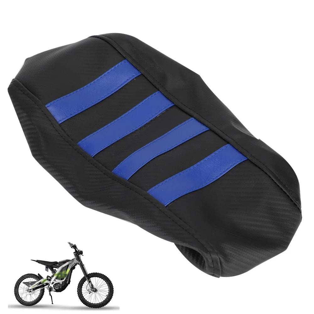 Black seat covers with blue stripes for an electric vehicle, shown next to a bicycle.