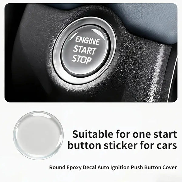 A close-up of a round epoxy decal sticker designed to cover an ignition start stop button for cars.
