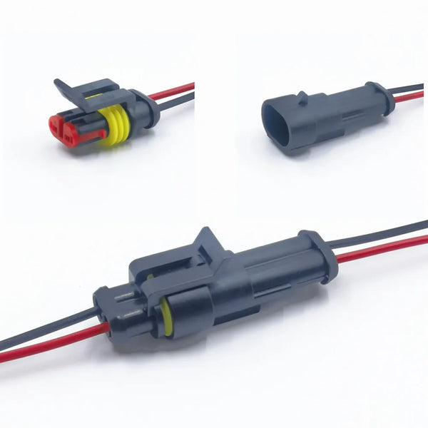 Three waterproof electrical connectors with pre-wired leads shown in different angles
