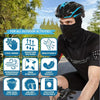 A man wearing a black UV protection cooling balaclava face mask and helmet, demonstrating features like breathable fabric and